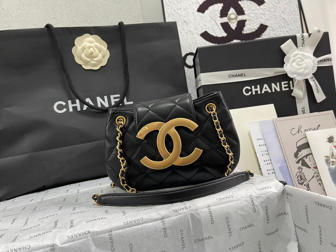 Chanel 24C Vintage Logo Small Quilted Lambskin Shoulder Bag AS4609 Black