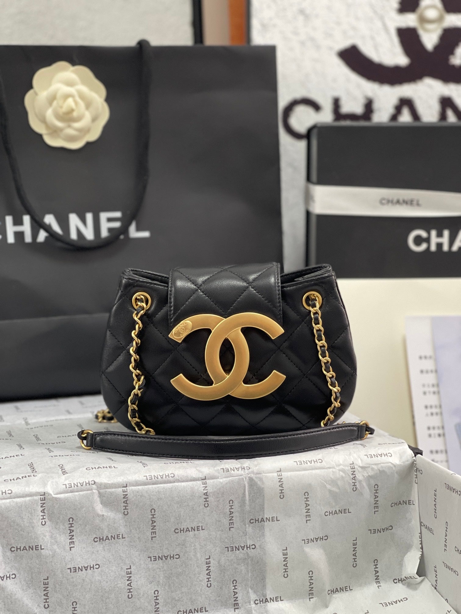 Chanel 24C Vintage Logo Small Quilted Lambskin Shoulder Bag AS4609 Black