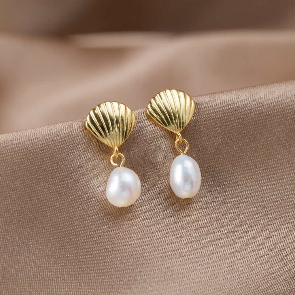 Freshwater Pearl & Gold Shell Earrings